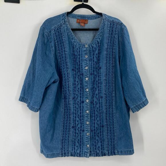 Vintage Liz & Me Embroidered Denim Cotton Button Short Sleeve Shirt Western 2X - Picture 1 of 9